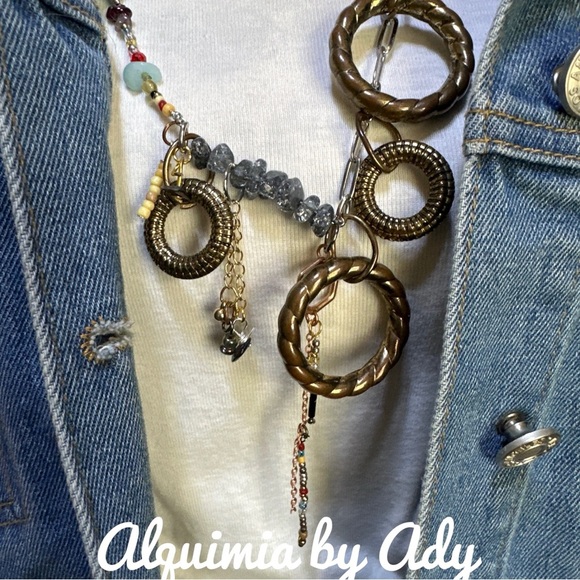 Handmade multi charms beaded layered necklace aquamarine Smokey quartz - Picture 3 of 8